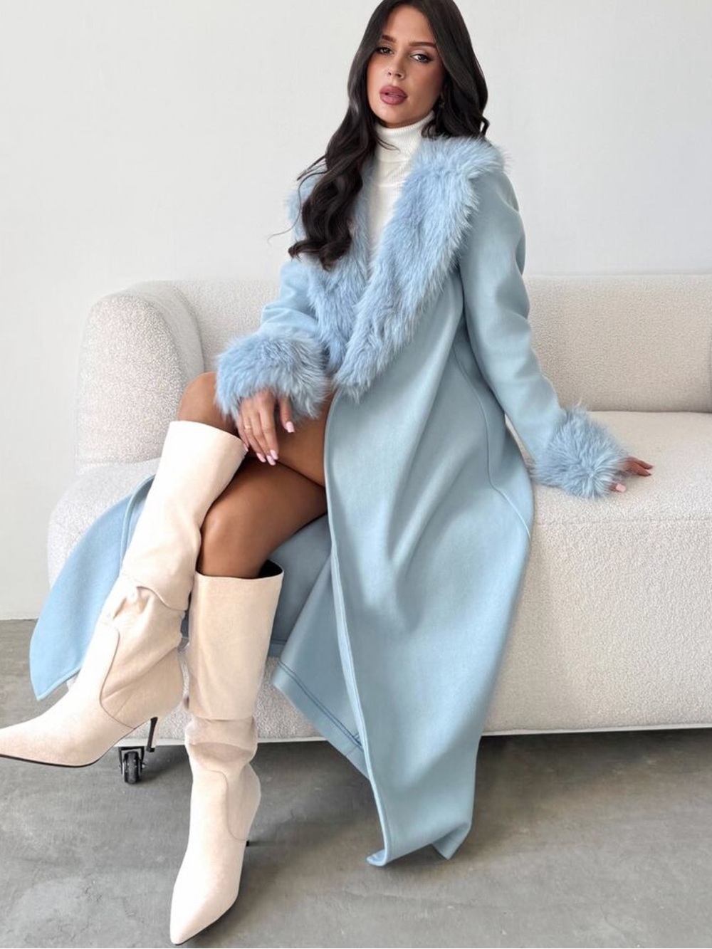 Light Blue Long Coat Faux Fur Collar Cuffs Open Front long peacoat - Picture 2 of 4